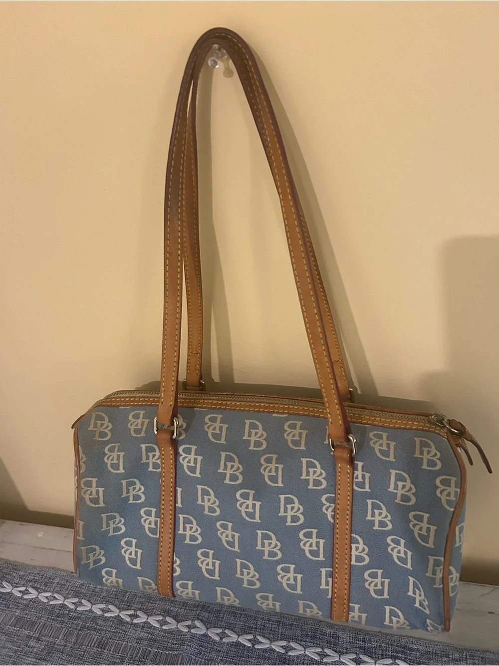Dooney & Bourke Light Blue Signature Canvas Shoulder Bag with Tan Trim